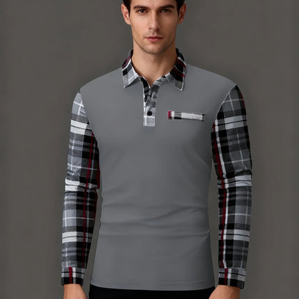 New Men's Long Sleeved Polo Shirt, Fashionable Color Blocking Checkered T-Shirt, Street Versatile Sports T-Shirt