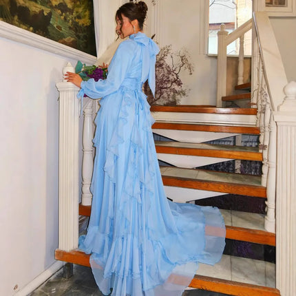 Spring Summer New Fashion Women's Light Blue Solid Color Casual Trendy Long Lantern Sleeve Floor Length Ceremonial Dress Female