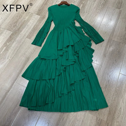XFPV Elegant Fashion Style Women's Beautiful Dress Long Sleeves Round Neck Pleated Irregular Dresses For 2025 Autumn New 22D2441