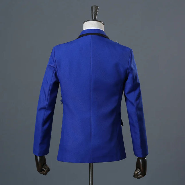 Trajes de lujo para hombre con calcomanía, negro/rojo/azul/blanco, moda, para cantante, anfitrión, espectáculo, chaquetas y pantalones con estampado de flores y empalmes.