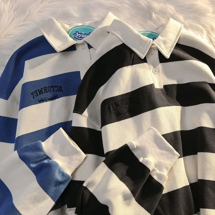 Polo Shirts Male Large Size Retro Striped Contrast Color Polo Collar Sweater Men's Autumn Loose Coat Long Sleeves Buttons Tops