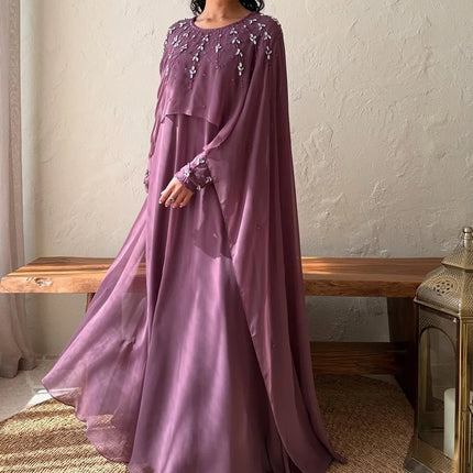 Customized A-Line Prom Dresses Floor-Length O-Neck Full Sleeve Evening Gown Fashion Stole Crystal SImple Draped Party Gown