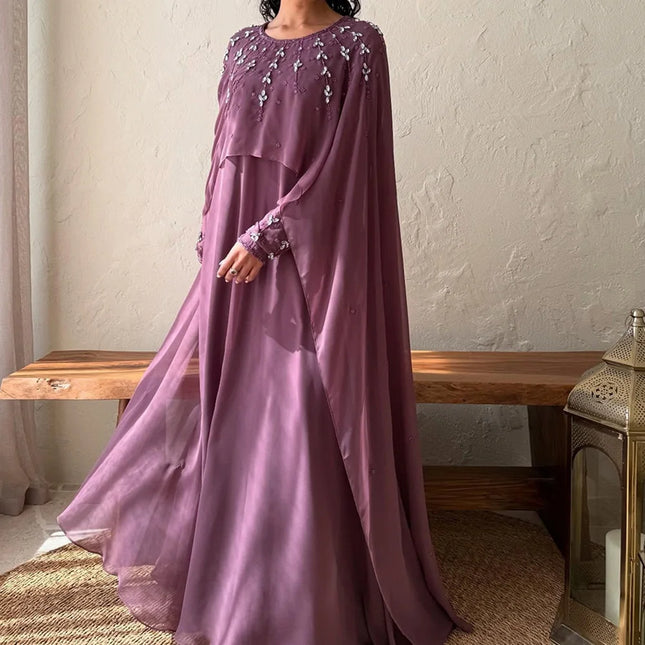 Maßgeschneiderte A-Linien-Abschlussballkleider Bodenlang Rundhals Langarm Abendkleid Modischer Schal Kristall Einfaches Drapiertes Partykleid