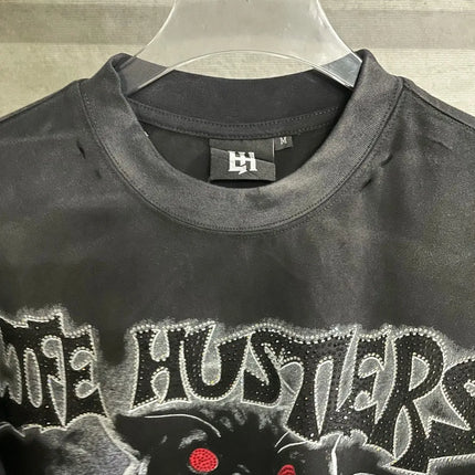 Retro Wash black Skull letter Rhinestone Print Life Hustlers T Shirt Men Woman Fashion Harajuku Hip Hop Shinning Diamond Tees