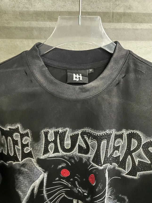Retro Wash Schwarz Totenkopf-Schriftzug Strass-Druck Life Hustlers T-Shirt Herren Damen Mode Harajuku Hip Hop Glitzernde Diamant-Tees