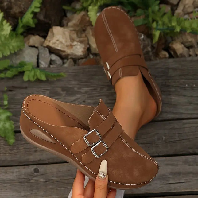 Womens Slip on Mules Clogs Closed Toe Slippers Double Buckle Strap Cutout Stitching Wedge Casual Comfort Nursing Work Footwear