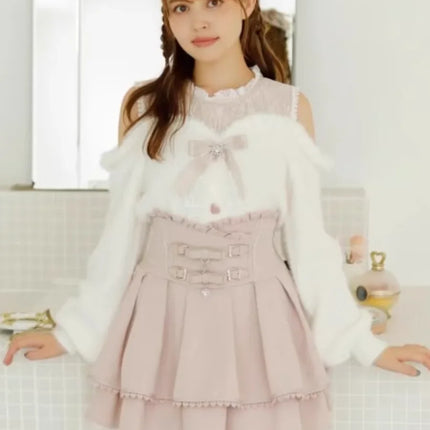 Autumn and Winter Furry Off-shoulder Long-sleeved Sweater Japanese Sweet Cute Girl Bow Versatile Outer Wear Knitted Pullover