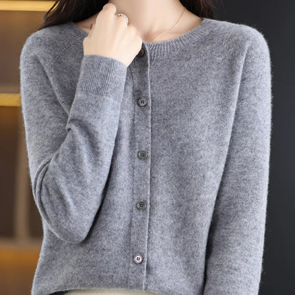 New Fashion Spring 100% Merino Wool Womens O-neck Cardigan Cashmere Sweater 2024 Female Clothing Grace Knitwear Korean Tops