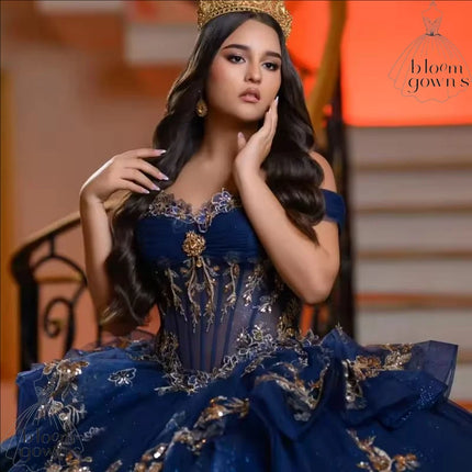 Off Shoulder Beads Gold Applique Lace Tull Corset Sweet 16 Dress Ball Gown Vestidos Navy Blue Shiny Princess Quinceanera Dresses