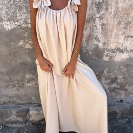 V-neck Solid Color Short Sleeved Lace Up Women's Dress High Street Fashion Elegant Commuting Style Summer Dresses