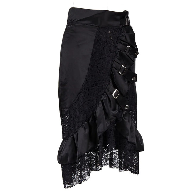 Viktorianischer schwarzer Satin- & Spitzen-Blumenrüschen-Steampunk-Rock Burleske Vintage Sexy Röcke Damen Übergröße 6XL Gothic-Kleidung