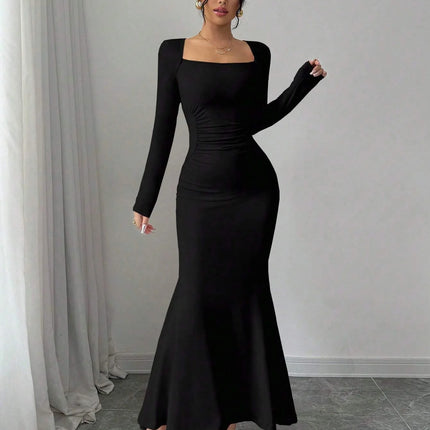 Women's Four Seasons New Style Women's Elegant Temperament Retro Solid Color Square Collar Long Sleeve Dress