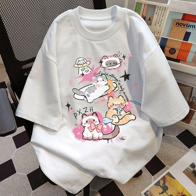 Sommer Neu Süß Katze Rundhals Kurzarm Vielseitiges Paar Reines Lockeres Oberteil Bedrucktes Freizeit T-Shirt Grafik T-Shirts Damen Top