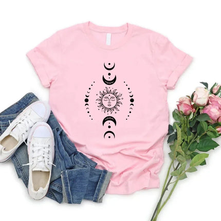 Sun and Moon Stars T-Shirt Celestial Tshirt Boho Sun Moon T-Shirts Women Short Sleeve T Shirts Retro Mystical Tee Women Clothes