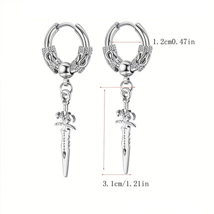 2pcs Stainless Steel Dragon Coil Sword Pendant Drop Hoop Earrings Unique Punk Hip Hop Style for Men Women Daily Wear Jewelry