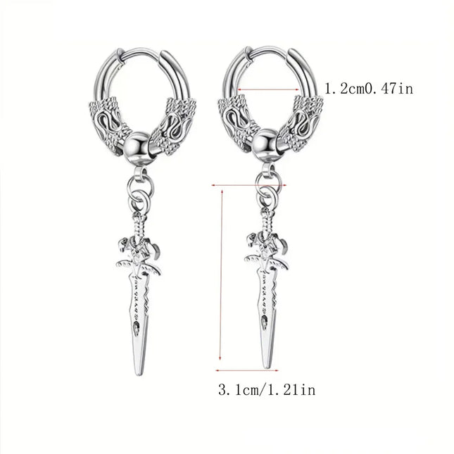 2pcs Stainless Steel Dragon Coil Sword Pendant Drop Hoop Earrings Unique Punk Hip Hop Style for Men - product image 2