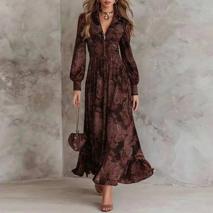 Woman Vintage Floral Print A-Line Long Dress Sexy V Neck Zipper High Waist Pleated Dress Autumn Long Sleeve Evening Gown Dresses