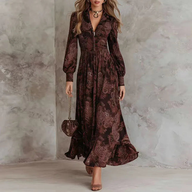 Damen Vintage-Kleid mit Blumenmuster, A-Linie, lang, sexy V-Ausschnitt, Reißverschluss, hohe Taille, Faltenkleid, Herbst, lange Ärmel, Abendkleid
