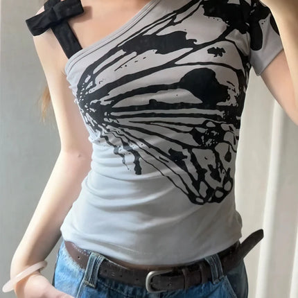 Butterfly Off Shoulder Summer T Shirt Korean Harajuku Aesthetic Print Short Sleeve Body Tops Tees Cotton Bow