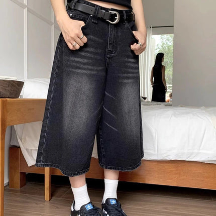 High Waist Black Retro Washed Denim Shorts Women's Harajuku Vintage Fashion Casual Loose Y2K Streetwear Mid Long  Wide Leg Pants