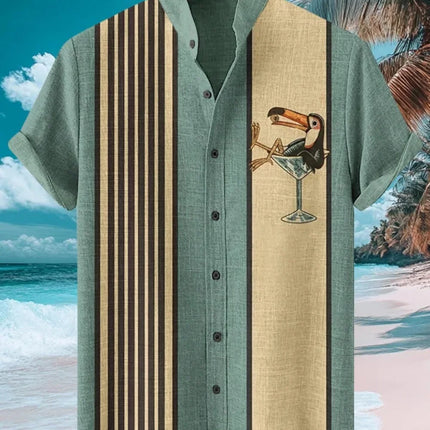 Men's Japanese Retro Art Black Cat Print Shirt Short Sleeve Stand up Collar Single Breasted Casual Linen Top for Vacation