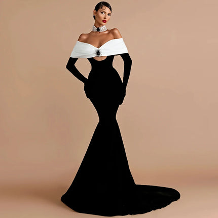Contrast Color Crystal Mermaid Evening Dress Off The Shoulder Prom Dresses Customized Luxury Court Train Celebrity Gowns