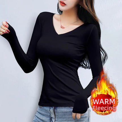 O Neck Long Sleeve Fleeceing Heating Fiber Thermal Basic T-Shirts Winter Bottoming Cropped Tops Casual Skinny