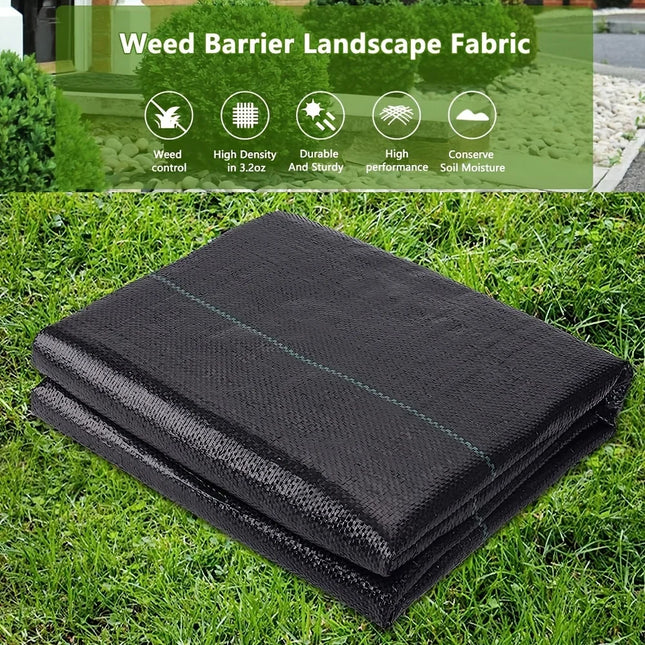 Folded weed barrier fabric on grass with a feature banner