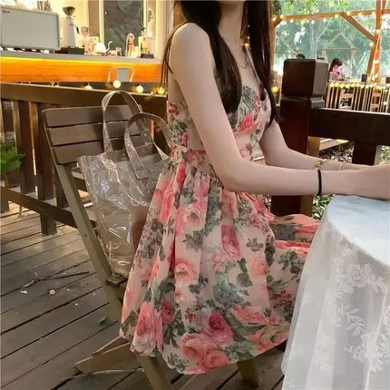 Elegant High-waisted Slimming Floral Tank Dress For Women Spring Summer French Style Petite Mini Dress A- line Sleeveless