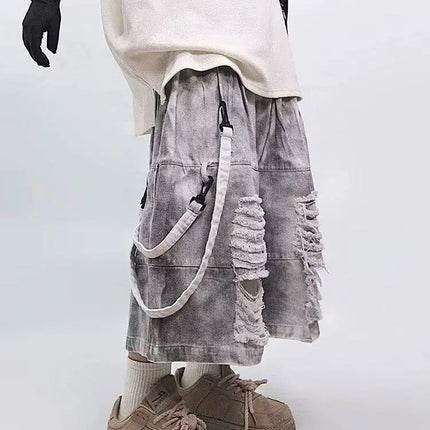 Retro Hip-hop Men's Ripped Jeans Summer American Casual Fashion Loose Street Style Washed Patchwork Male Hollow Out Shorts
