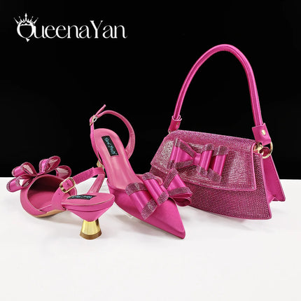 Queena Yan Hot Selling Fashion Mature Coffee Color Butter-fly Design Pointed Toe High Heel Party Wedding Lady Shoes and Bag Set
