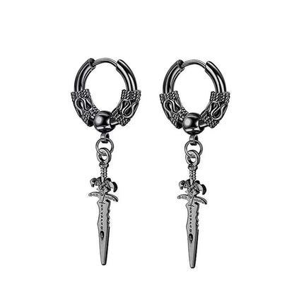 2pcs Stainless Steel Dragon Coil Sword Pendant Drop Hoop Earrings Unique Punk Hip Hop Style for Men Women Daily Wear Jewelry