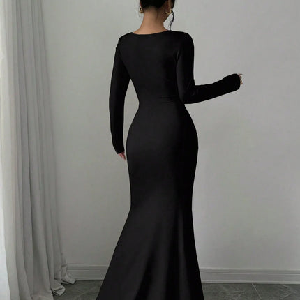 Women's Four Seasons New Style Women's Elegant Temperament Retro Solid Color Square Collar Long Sleeve Dress