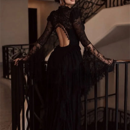 Elena Lace High Black Mermaid Formal Evening Gown Gothic Victorian Aesthetic Neck Sheer Illusion Modest Evening Wear Customized