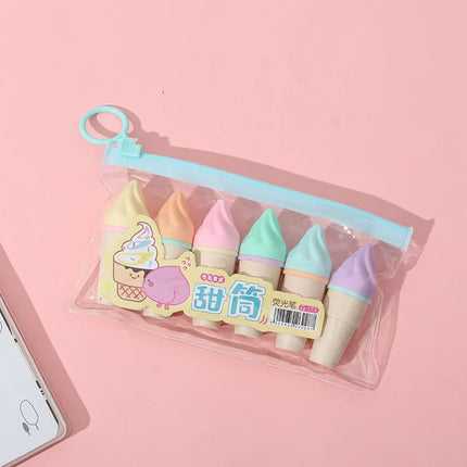 6Pcs Cute Ice Cream Highlighters Set Mini Marker Pens Kids Stationery Students Drawing Painting Tool Student School Supplies New