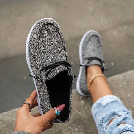 Gray canvas lace-up loafers shown from above