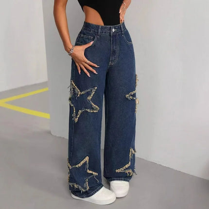 Women's Loose Fit Jeans with Pockets Mid Rise Star Patch Wide Leg Denim Pants Casual Y2K Grunge High Waist Ladies Trousers