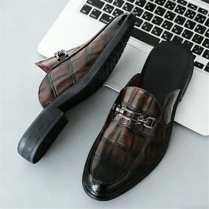 Summer Fashion New Men's Brown Half Slippers Metal Button Patent Leather Shoes Male Casual Mules Moccasins Breathable Loafers