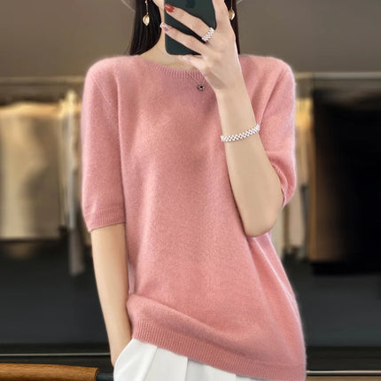 First-line ready-to-wear 100% Merino wool knitted short-sleeved women's loose solid color slim commuter five-point cuff T-shirt
