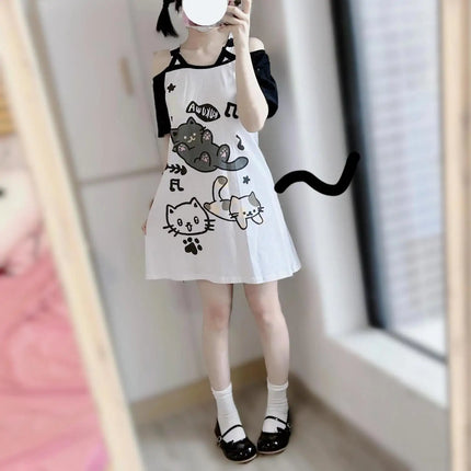 Japanese Patchwork Women Off Shoulder Graphic T Shirts Kawaii Cute Cartoon Print T-shirt Sweet Cat Tops Y2k Aesthetic Grunge Tee