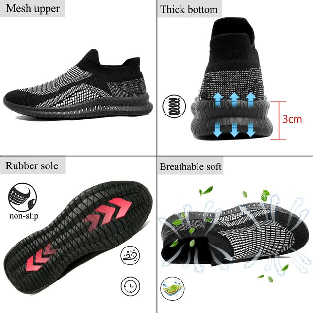 Walking shoe features: 3 cm thick sole, non-slip rubber, breathable knit