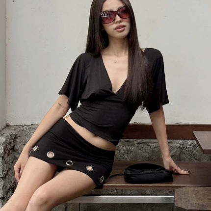 Summer Sexy V-Neck Short Sleeve Backless Lace Up T-Shirt Casual Versatile Party Street Style Clothes