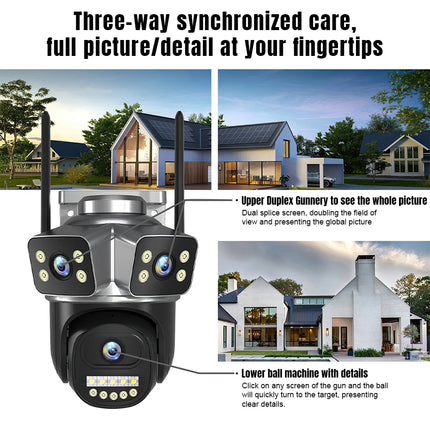 6MP Three Lens WiFi Security Camera Outdoor PTZ IP Camera Triple Screen Display Human Detection Two Way Audio Full Color Night Vision H265 Surveillance Camera