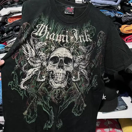 Y2K New Vintage Gothic Skull Wing Printed Long Sleeve Street Trend Pure Cotton Top Men Hip Hop Gothic Harajuku Oversize T-shirt
