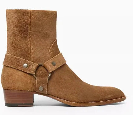 Black Buckle Genuine Leather Ankle Boots for Men Low-heeled Western Boots Safety Shoes Man for Work Handmade Winter Desert Boots
