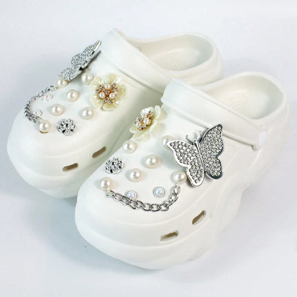 Women DIY Silver Butterfly-Knot Fashion Bow Decor Clogs Summer Sping Autumn Beach Sandals Cave Hole Garden Shoes Students Girls