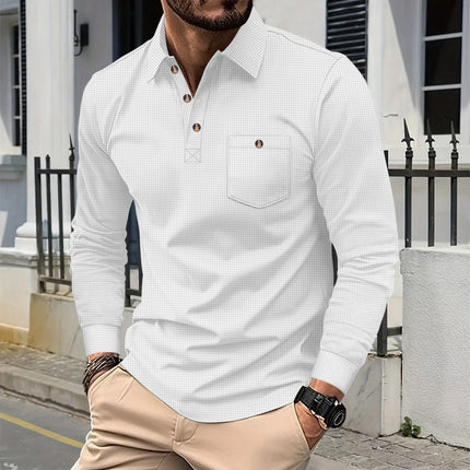 Men's Waffle Knit Polo Henley Shirt - Casual Long Sleeve Turn Down Collar Chest Pocket Button Tee