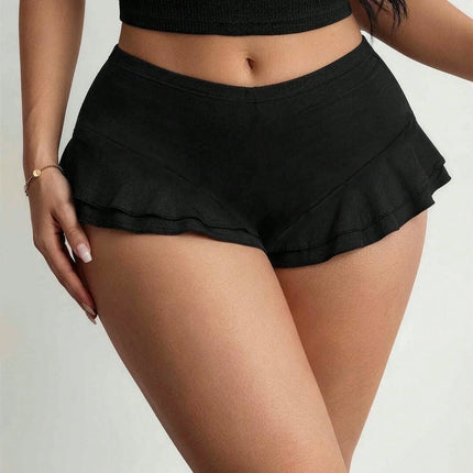 Women High Waist Double Layer Ruffle Trim Casual Mini Skort 2026 Summer Y2K Solid Black Stretch Soft Fabric Workout Streetwear S