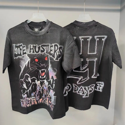 Retro Wash black Skull letter Rhinestone Print Life Hustlers T Shirt Men Woman Fashion Harajuku Hip Hop Shinning Diamond Tees