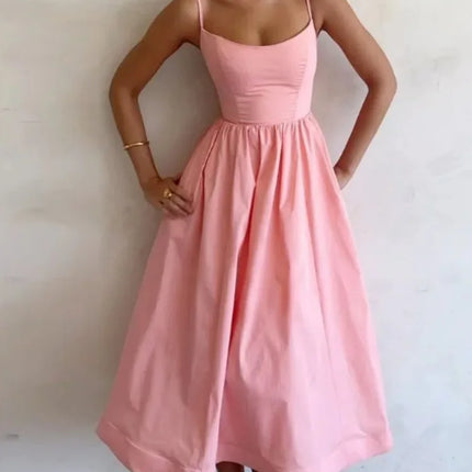 2026 Women's Midi White Vacation Dresses Pink Elegant And Pretty Dress Spaghetti Strap Beach Dress A Line Party Dresses Females
